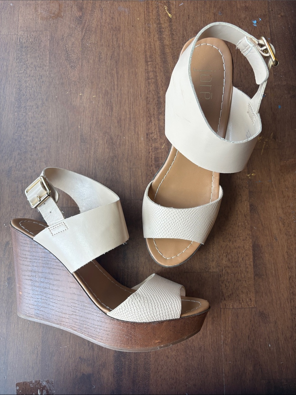 Jore Cream Wedge Sandals with Wood-Look Platform